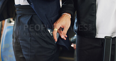 Buy stock photo People, hands and thief with pickpocket in bus for corruption, illegal activity or sneaky robbery. Closeup, passenger and theft with phone in public transport or vehicle for fraud, crime or stealing
