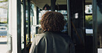 Back, bus stop and enter with woman, travel and morning commute with boarding station. Outdoor, city service and passenger with vehicle trip, public transportation and urban town with journey