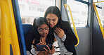 Travel, mom and child with phone, bus and watching movies with tech, passenger and public transport. Journey, woman and bonding with daughter in vehicle, streaming or smile for cartoons on mobile app