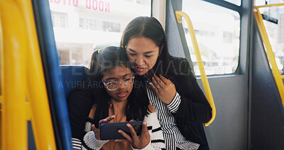 Buy stock photo Travel, mom and child with phone, bus and watching movies with tech, passenger and public transport. Journey, woman and bonding with daughter in vehicle, streaming or smile for cartoons on mobile app