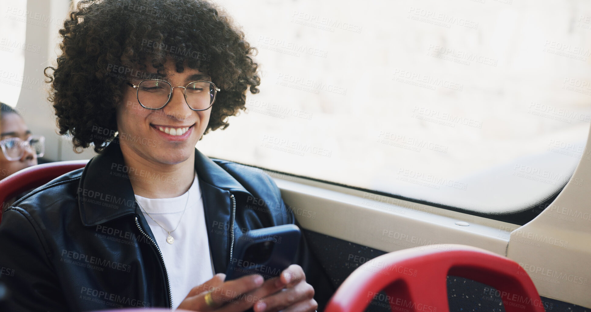 Buy stock photo Phone, happy and man on bus online for checking university exam results on mobile app with travel. Cellphone, college and male student reading acceptance email on public transportation in city.