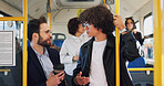 Bus, people and men with conversation, travel and morning commute with public transportation. Passengers, friends and story with discussion, vehicle and urban town with journey, talking or directions