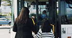 Back, bus stop and mother with girl, travel and morning commute with public transportation. Family, city service and passenger with vehicle trip, boarding station or child with journey, kid or parent