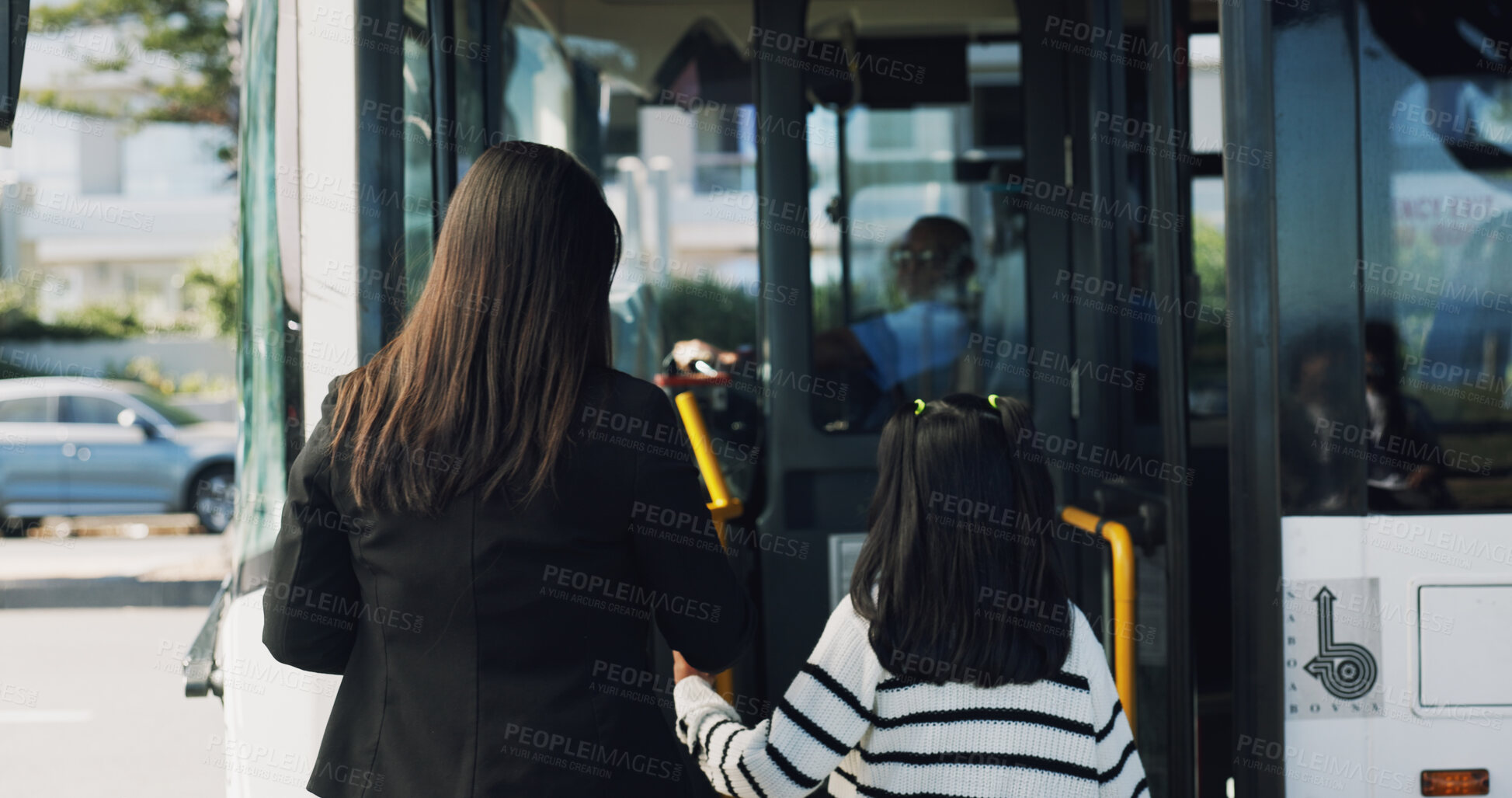 Buy stock photo Back, bus stop and mother with girl, travel and morning commute with public transportation. Family, city service and passenger with vehicle trip, boarding station or child with journey, kid or parent