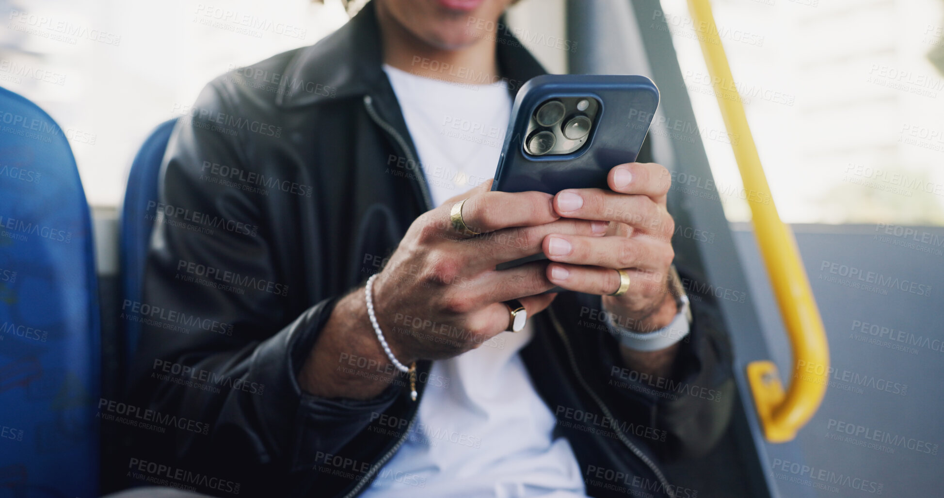 Buy stock photo Phone, hands and man on bus online for checking university exam results on mobile app with travel. Cellphone, college and male student reading acceptance email on public transportation in city.