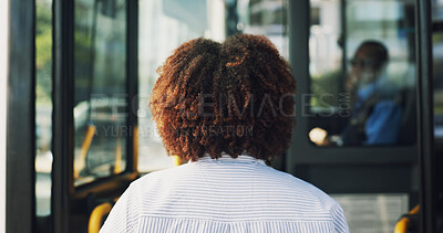 Buy stock photo Back, bus stop and woman with entrance, travel and morning commute with public transportation. Outdoor, city service and passenger with vehicle trip, boarding station and urban town with journey