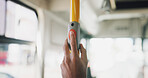 Button, hand and stop with person on bus for commute, public transportation or travel to destination. Press, push and transit with passenger closeup in vehicle for adventure, journey or trip