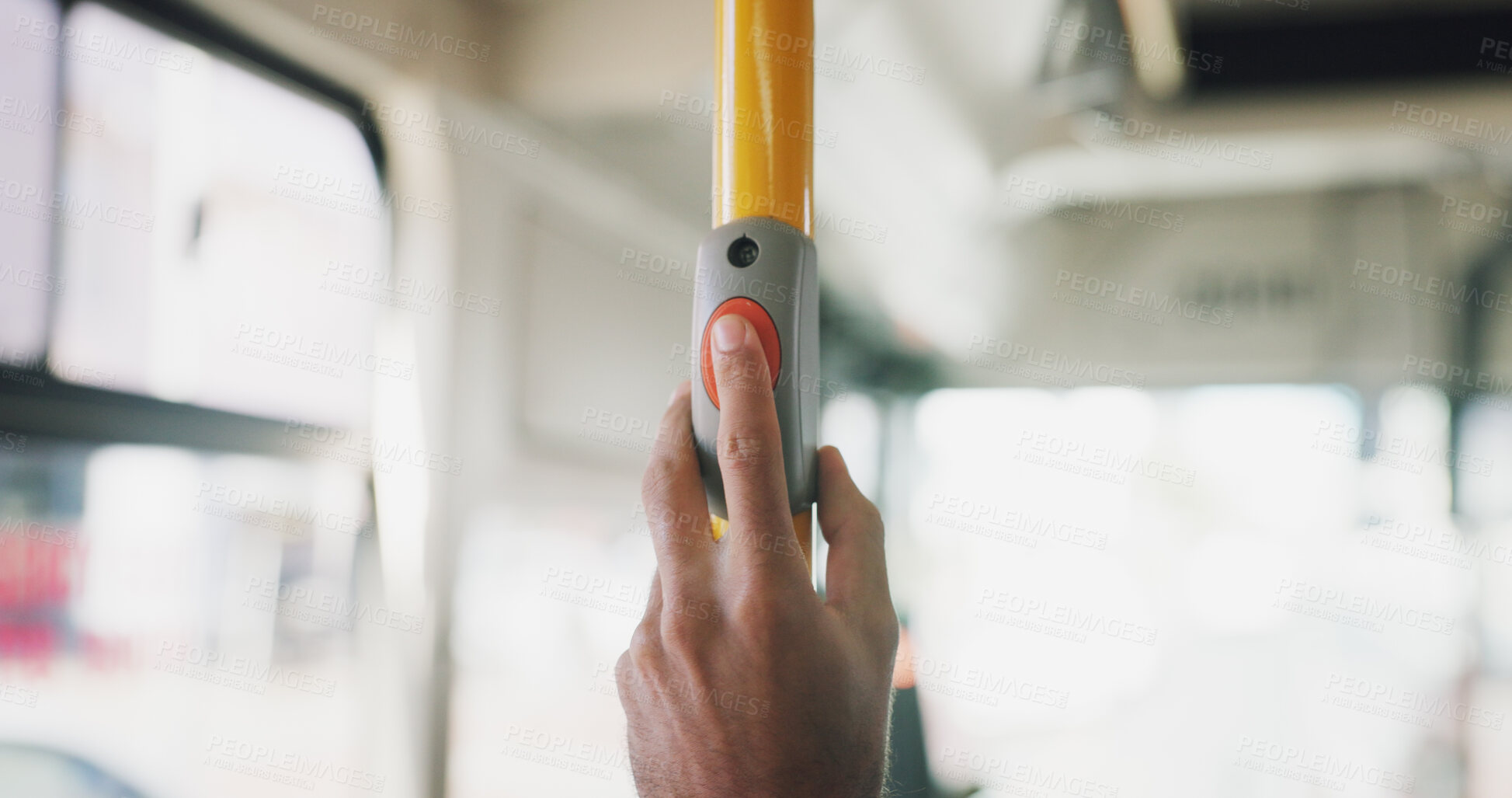 Buy stock photo Button, hand and stop with person on bus for commute, public transportation or travel to destination. Press, push and transit with passenger closeup in vehicle for adventure, journey or trip