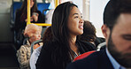 Thinking, woman and travel on bus in city for public transport, view and sightseeing. Female person, passenger and vehicle with reflection for trip, urban journey and morning commute to destination