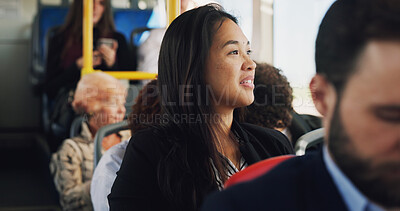 Buy stock photo Thinking, woman and travel on bus in city for public transport, view and sightseeing. Female person, passenger and vehicle with reflection for trip, urban journey and morning commute to destination