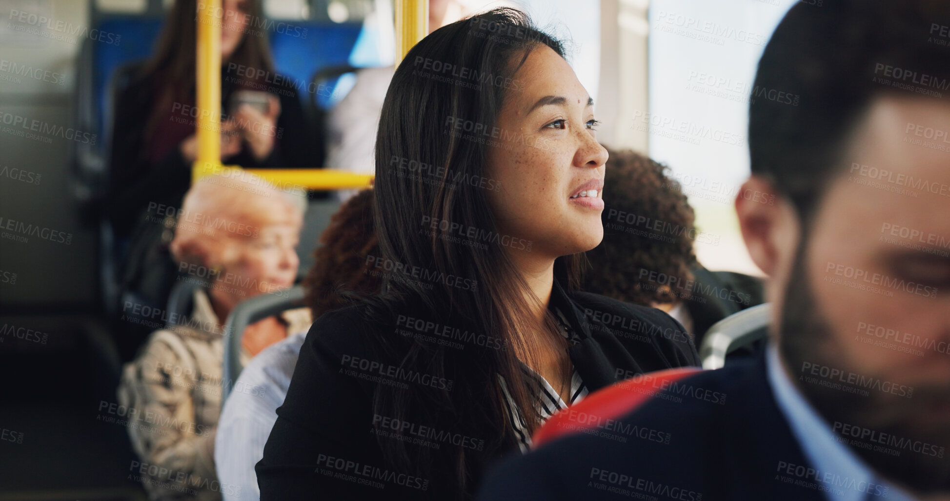Buy stock photo Thinking, woman and travel on bus in city for public transport, view and sightseeing. Female person, passenger and vehicle with reflection for trip, urban journey and morning commute to destination