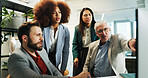 Business people, coach and pointing with team on computer for project management at office. Group, employees or colleagues with mentor, technology or app for staff training or teaching at workplace