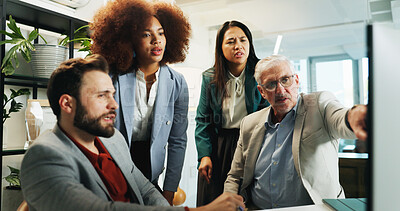 Buy stock photo Business people, coach and pointing with team on computer for project management at office. Group, employees or colleagues with mentor, technology or app for staff training or teaching at workplace