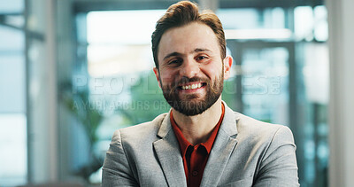 Buy stock photo Portrait, business and man with smile in office for career pride, about us and finance consultant. Happy, male person and financial advisor with confidence, asset management and experience at company