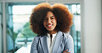 Portrait, business and woman in workplace, smile and corporate professional with economy analyst. Face, happy person or accountant in office, confidence and pride with career ambition, afro or expert