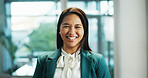 Portrait, business and woman in office, funny and corporate professional with profit growth. Face, happy person and economy specialist in workplace, confidence and smile with career ambition or laugh