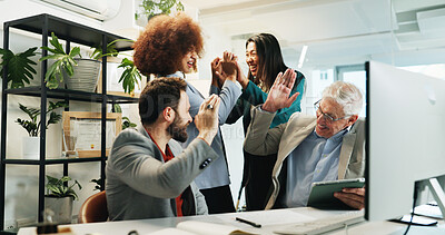 Buy stock photo Happy, business people and high five with technology for winning, success or teamwork at office. Excited group, employees or colleagues with smile in celebration for good news, achievement or done