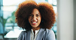 Portrait, professional and woman in office, smile and business with economy expert. Face, happy person and accounting specialist in workplace, confidence and pride with career ambition and afro