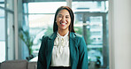 Portrait, business and woman in workplace, funny and corporate professional with career ambition. Face, happy person or economy specialist in office, confidence and pride with smile, joke or humor