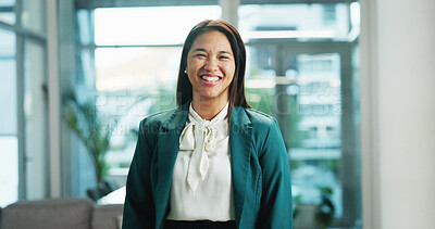 Buy stock photo Portrait, business and woman in workplace, funny and corporate professional with career ambition. Face, happy person or economy specialist in office, confidence and pride with smile, joke or humor