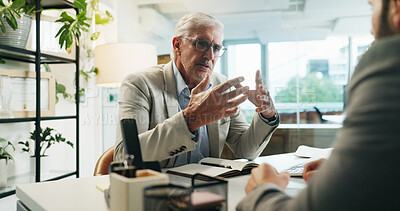 Buy stock photo Businessman, executive and discussion with client for b2b, meeting or negotiation at office desk. Mature man, CEO or corporate investor talking with partner for chat, business campaign or development