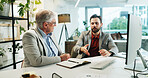 Business people, meeting and discussion with documents for finance, corporate budget or planning at office. Men, employees or colleagues with idea or proposal for company development or negotiation