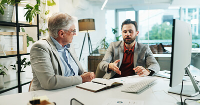 Buy stock photo Business people, meeting and discussion with documents for finance, corporate budget or planning at office. Men, employees or colleagues with idea or proposal for company development or negotiation