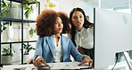 Business women, coach and computer with documents for performance review, assistance or help at office. Female people, employees or collaboration with technology or paperwork for corporate analysis