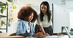 Business women, team or computer with documents for performance review, assistance or help at office. Female people, employees or writing with technology or paperwork for corporate report or project