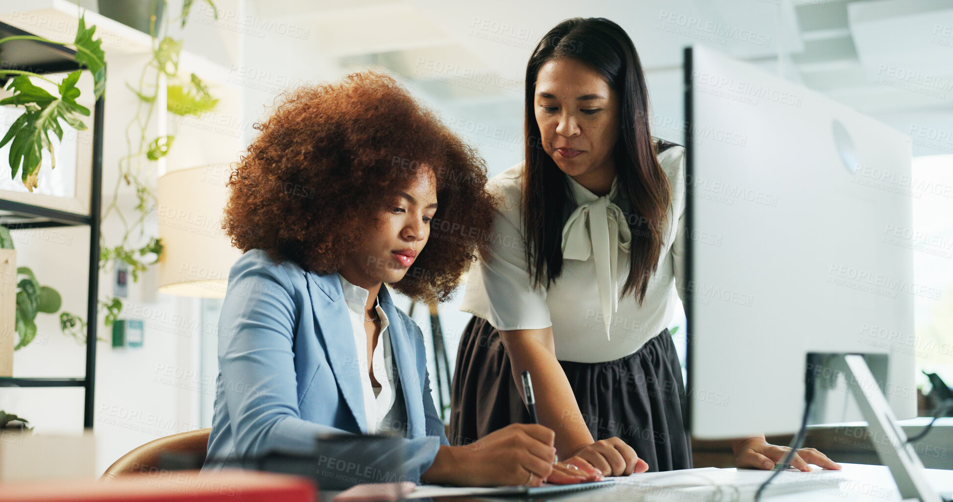 Buy stock photo Business women, team or computer with documents for performance review, assistance or help at office. Female people, employees or writing with technology or paperwork for corporate report or project