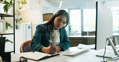 Buy stock photo Business woman, writing and planning with book at office for schedule, agenda or tasks on desk. Female person, employee or planner taking notes with diary for reminder, ideas or appointment at work