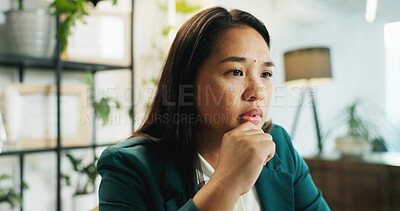 Buy stock photo Office, business woman and accountant with thinking for finance project, professional career and idea. Workplace, female person and financial consultant with solution for auditing, serious and job