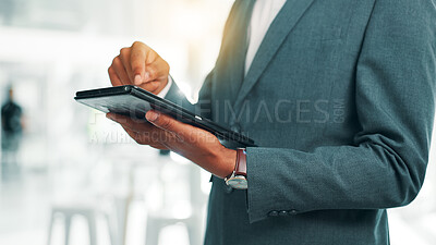 Buy stock photo Hands, review and tablet with business person in office for information, project management, report. App, data and research with corporate employee in professional workplace for company development