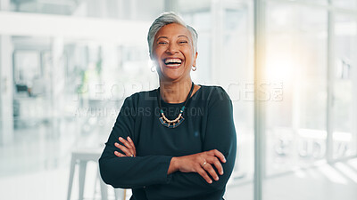 Buy stock photo Confidence, business and mature woman laughing in office for investment, venture capital and funny. Professional boss, portrait and happy manager with arms crossed for private equity with experience