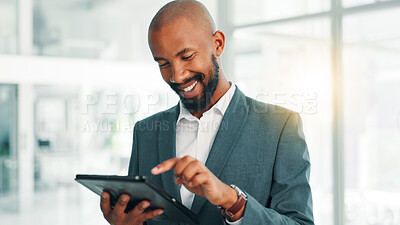 Buy stock photo Review, smile and tablet with business black man in office for information, project management, report. App, data and research with corporate person in professional workplace for company development