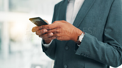 Buy stock photo Business person, hands and typing with phone for communication, texting or online chatting at office. Closeup, employee or user with mobile smartphone for social media, research or app at workplace