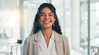 Buy stock photo Portrait, smile and business woman in corporate office for ambition, finance or investment career at venture capital. Happy, professional employee and confident worker with private equity in Spain