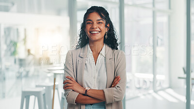 Buy stock photo Portrait, smile and confident business woman in corporate office for ambition, finance or investment at venture capital. Happy, professional employee and worker with arms crossed for private equity