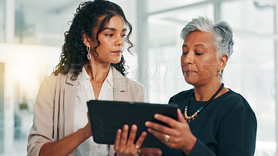 Buy stock photo Collaboration, manager and women with tablet, office and feedback for marketing strategy on website. Meeting, mature ceo and people with tech for project, teamwork and brainstorming in business