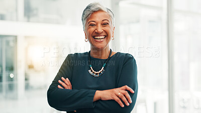 Buy stock photo Arms crossed, business and mature woman laughing in office for investment, venture capital or funny. Professional boss, portrait or happy executive with confidence for private equity with experience