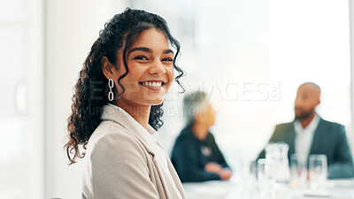 Buy stock photo Portrait, smile and business woman in office for ambition, finance and tax consultant coworking. Happy, professional employee and worker with confident accountant, corporate auditor and about us