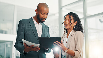 Buy stock photo Document, tablet and business people in office for project, planning and collaboration. Professional, teamwork and man with woman for meeting with digital tech for online report, research and website