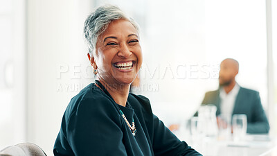 Buy stock photo Manager, business and mature woman laughing in office for investment, venture capital or funny. Professional boss, portrait or happy executive at work for private equity with experience for coworking