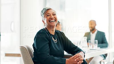 Buy stock photo CEO, business and mature woman laughing in office for investment, venture capital and funny. Professional boss, executive and happy manager at work for private equity with experience for coworking
