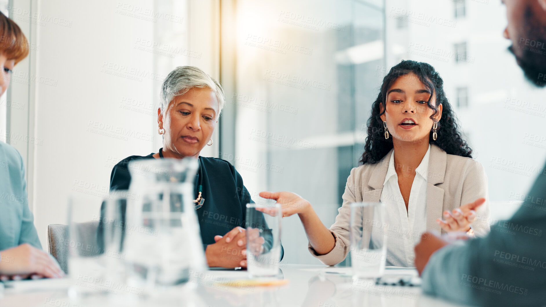 Buy stock photo Business, people and serious with meeting in office for funding negotiation, finance pitch or budget projection. Financial team, listening or stakeholders with feedback on risk management or dividend
