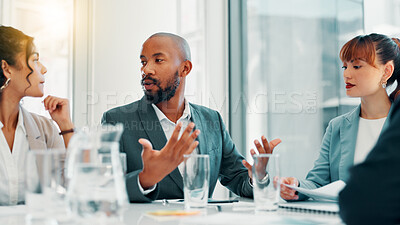 Buy stock photo Business, man and meeting with discussion in office for funding negotiation, investment opportunity and strategy. Financial investor, people and b2b collaboration with listening and risk management