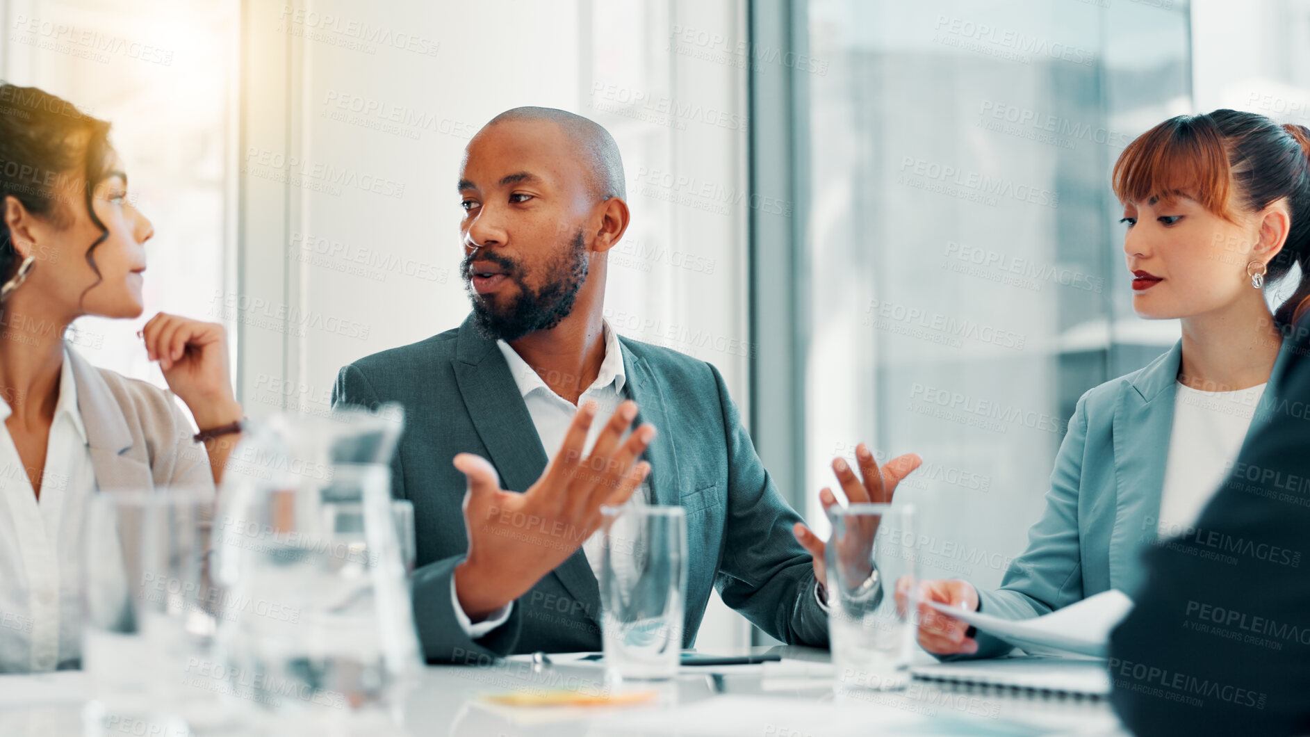 Buy stock photo Business, man and meeting with discussion in office for funding negotiation, investment opportunity and strategy. Financial investor, people and b2b collaboration with listening and risk management