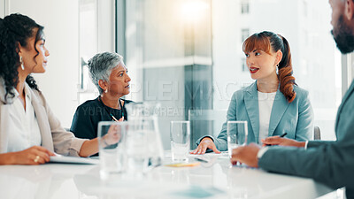 Buy stock photo Meeting, planning and discussion with business people in office for review, quarterly profit margin and sales update. Portfolio shareholder, investor feedback and account advisor with employees