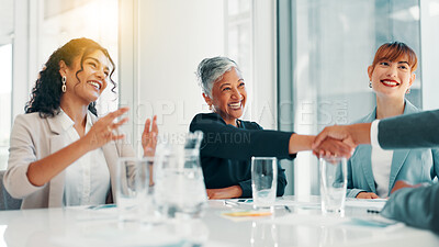 Buy stock photo Business people, applause and handshake at office with meeting, profit and goals at finance agency. Group, women and excited with promotion, celebration and achievement with revenue growth at company