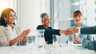 Buy stock photo Business people, applause and shaking hands at meeting, celebration or profit goals at finance agency. Man, women and excited with promotion, success and achievement with revenue growth at company